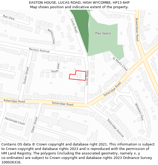 EASTON HOUSE, LUCAS ROAD, HIGH WYCOMBE, HP13 6HP: Location map and indicative extent of plot
