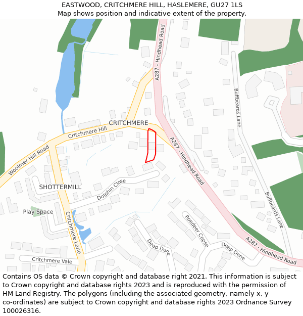 EASTWOOD, CRITCHMERE HILL, HASLEMERE, GU27 1LS: Location map and indicative extent of plot