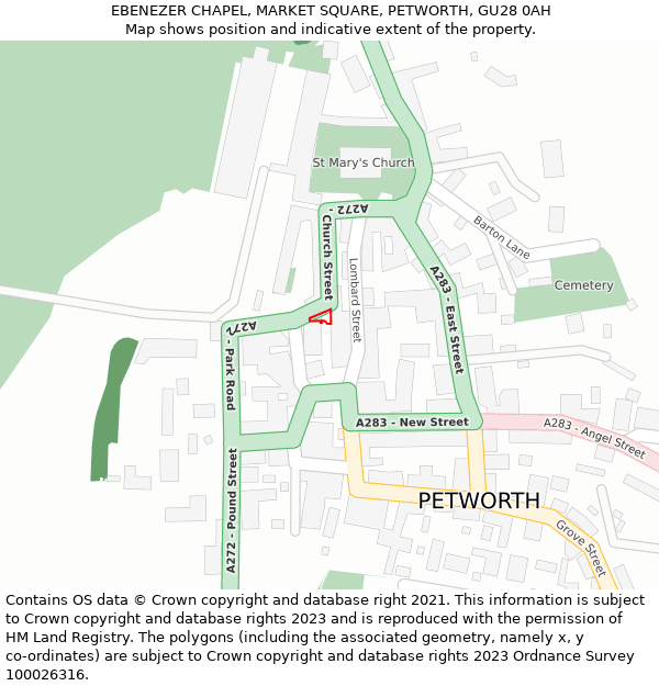 EBENEZER CHAPEL, MARKET SQUARE, PETWORTH, GU28 0AH: Location map and indicative extent of plot