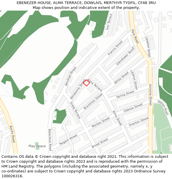 EBENEZER HOUSE, ALMA TERRACE, DOWLAIS, MERTHYR TYDFIL, CF48 3RU: Location map and indicative extent of plot