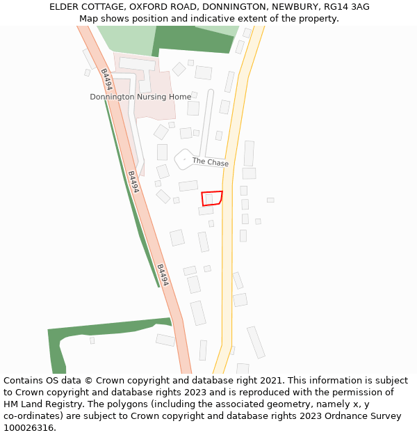 ELDER COTTAGE, OXFORD ROAD, DONNINGTON, NEWBURY, RG14 3AG: Location map and indicative extent of plot