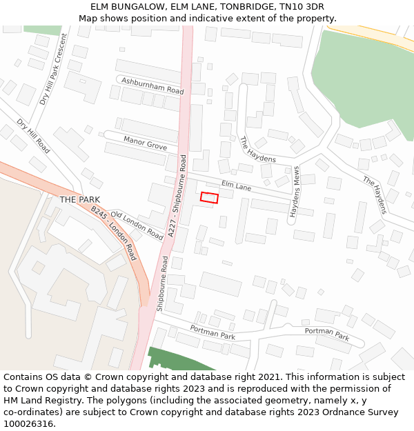 ELM BUNGALOW, ELM LANE, TONBRIDGE, TN10 3DR: Location map and indicative extent of plot