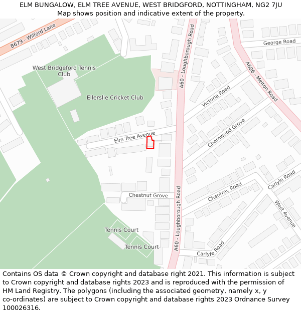 ELM BUNGALOW, ELM TREE AVENUE, WEST BRIDGFORD, NOTTINGHAM, NG2 7JU: Location map and indicative extent of plot