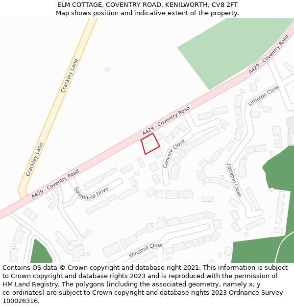 ELM COTTAGE, COVENTRY ROAD, KENILWORTH, CV8 2FT: Location map and indicative extent of plot