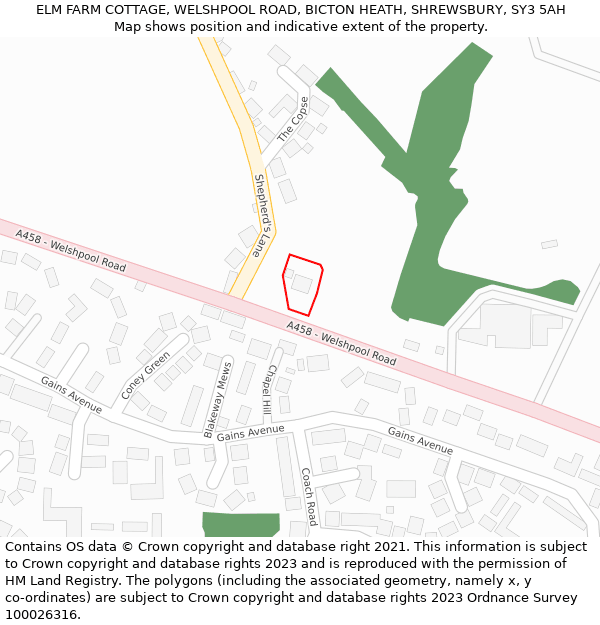 ELM FARM COTTAGE, WELSHPOOL ROAD, BICTON HEATH, SHREWSBURY, SY3 5AH: Location map and indicative extent of plot