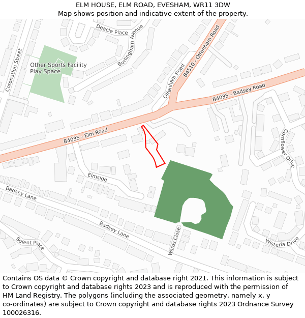 ELM HOUSE, ELM ROAD, EVESHAM, WR11 3DW: Location map and indicative extent of plot