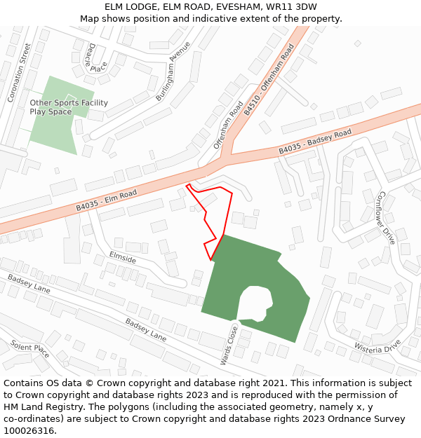ELM LODGE, ELM ROAD, EVESHAM, WR11 3DW: Location map and indicative extent of plot