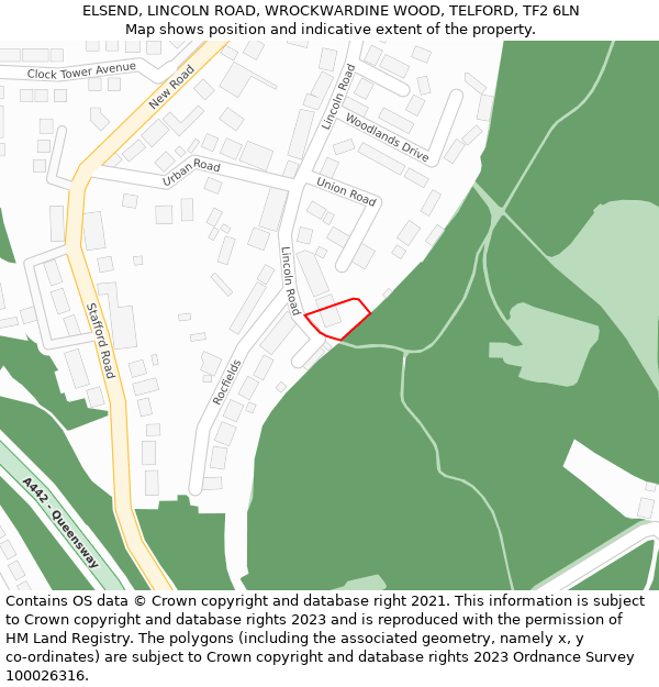 ELSEND, LINCOLN ROAD, WROCKWARDINE WOOD, TELFORD, TF2 6LN: Location map and indicative extent of plot