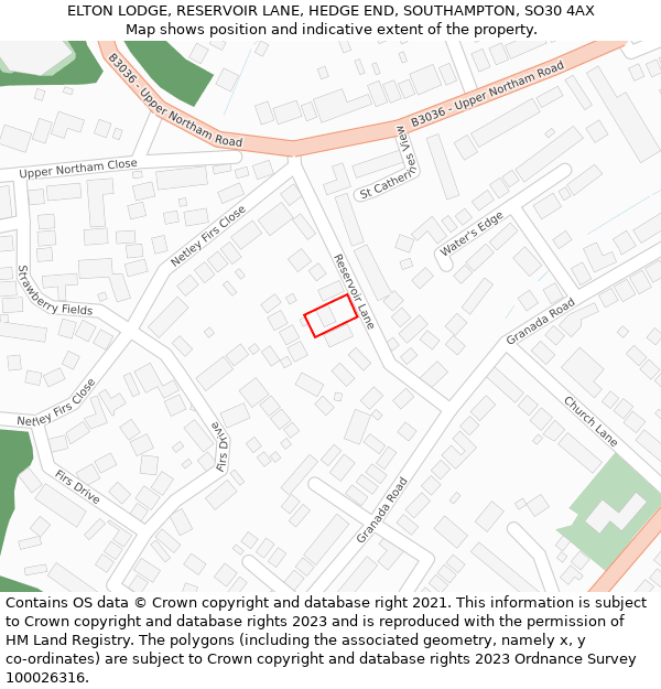 ELTON LODGE, RESERVOIR LANE, HEDGE END, SOUTHAMPTON, SO30 4AX: Location map and indicative extent of plot