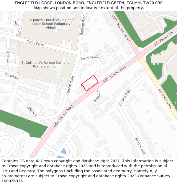 ENGLEFIELD LODGE, LONDON ROAD, ENGLEFIELD GREEN, EGHAM, TW20 0BP: Location map and indicative extent of plot