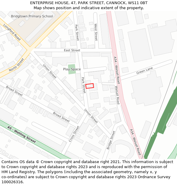 ENTERPRISE HOUSE, 47, PARK STREET, CANNOCK, WS11 0BT: Location map and indicative extent of plot