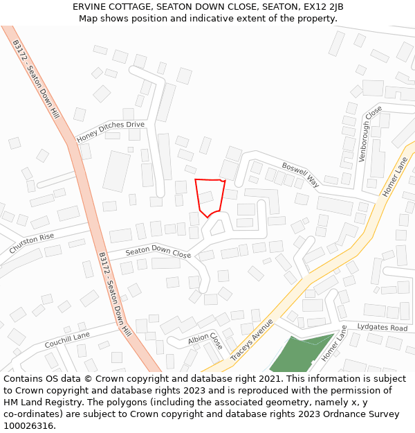 ERVINE COTTAGE, SEATON DOWN CLOSE, SEATON, EX12 2JB: Location map and indicative extent of plot