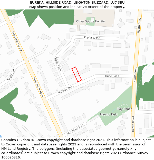 EUREKA, HILLSIDE ROAD, LEIGHTON BUZZARD, LU7 3BU: Location map and indicative extent of plot