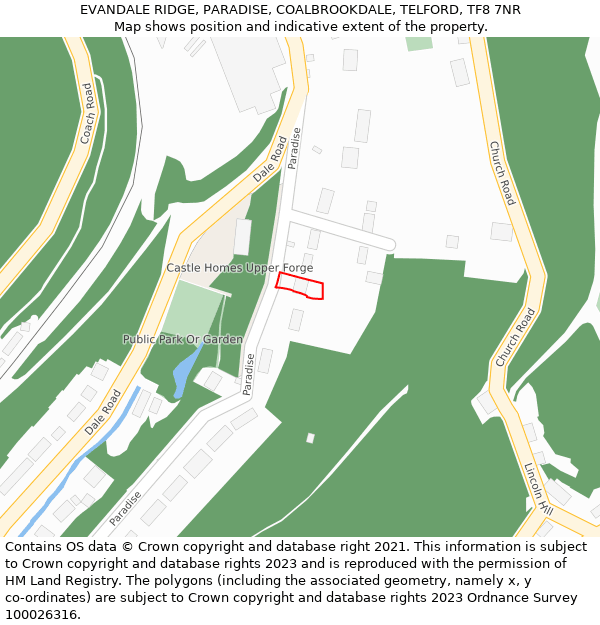 EVANDALE RIDGE, PARADISE, COALBROOKDALE, TELFORD, TF8 7NR: Location map and indicative extent of plot