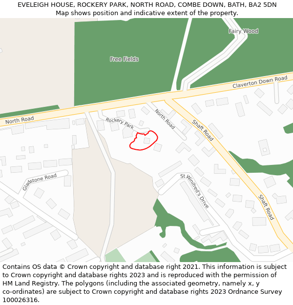 EVELEIGH HOUSE, ROCKERY PARK, NORTH ROAD, COMBE DOWN, BATH, BA2 5DN: Location map and indicative extent of plot