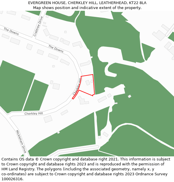 EVERGREEN HOUSE, CHERKLEY HILL, LEATHERHEAD, KT22 8LA: Location map and indicative extent of plot