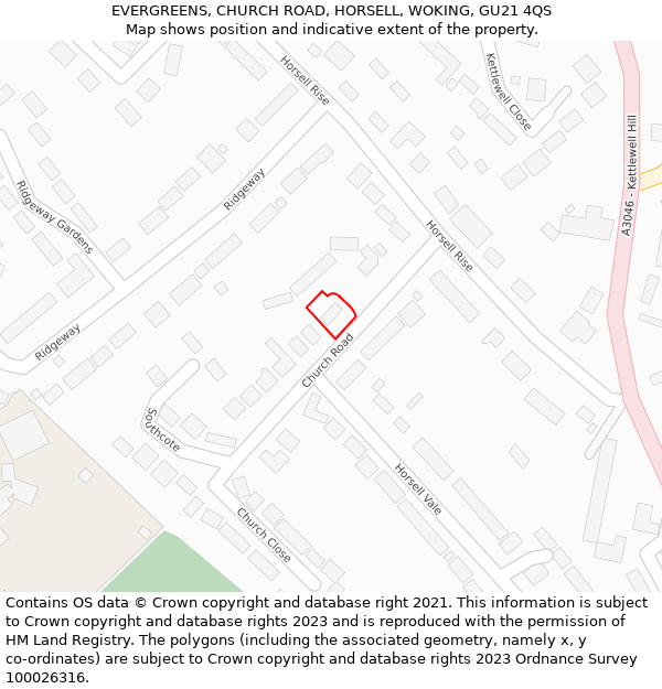 EVERGREENS, CHURCH ROAD, HORSELL, WOKING, GU21 4QS: Location map and indicative extent of plot