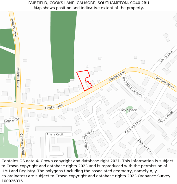 FAIRFIELD, COOKS LANE, CALMORE, SOUTHAMPTON, SO40 2RU: Location map and indicative extent of plot