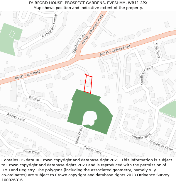 FAIRFORD HOUSE, PROSPECT GARDENS, EVESHAM, WR11 3PX: Location map and indicative extent of plot