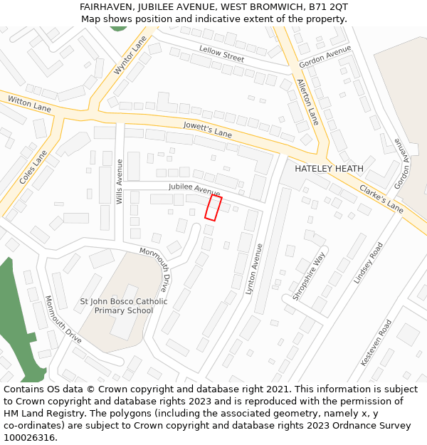 FAIRHAVEN, JUBILEE AVENUE, WEST BROMWICH, B71 2QT: Location map and indicative extent of plot
