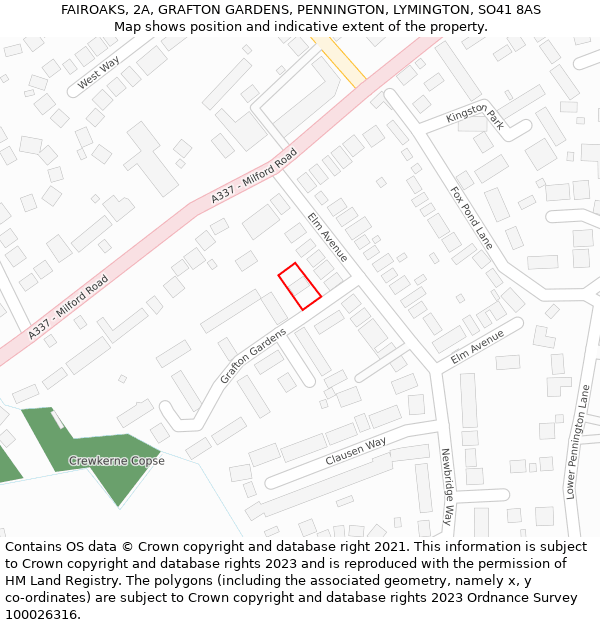 FAIROAKS, 2A, GRAFTON GARDENS, PENNINGTON, LYMINGTON, SO41 8AS: Location map and indicative extent of plot