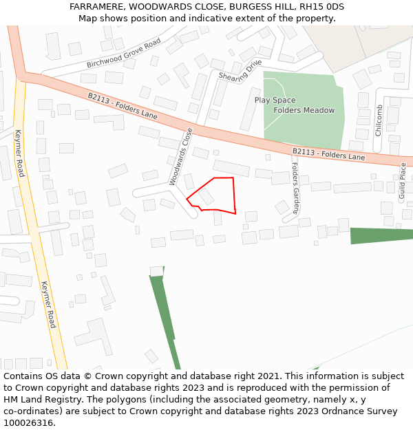 FARRAMERE, WOODWARDS CLOSE, BURGESS HILL, RH15 0DS: Location map and indicative extent of plot