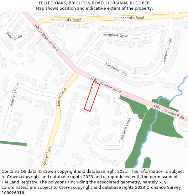 FELLED OAKS, BRIGHTON ROAD, HORSHAM, RH13 6ER: Location map and indicative extent of plot
