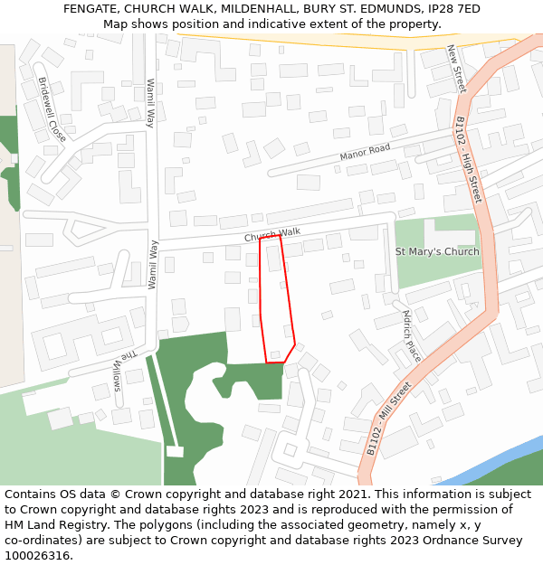FENGATE, CHURCH WALK, MILDENHALL, BURY ST. EDMUNDS, IP28 7ED: Location map and indicative extent of plot