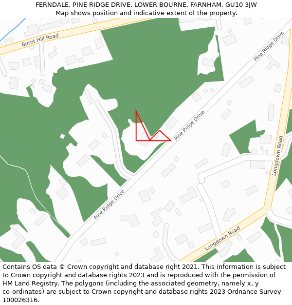 FERNDALE, PINE RIDGE DRIVE, LOWER BOURNE, FARNHAM, GU10 3JW: Location map and indicative extent of plot