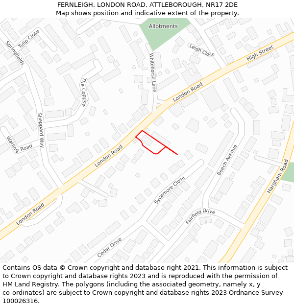 FERNLEIGH, LONDON ROAD, ATTLEBOROUGH, NR17 2DE: Location map and indicative extent of plot