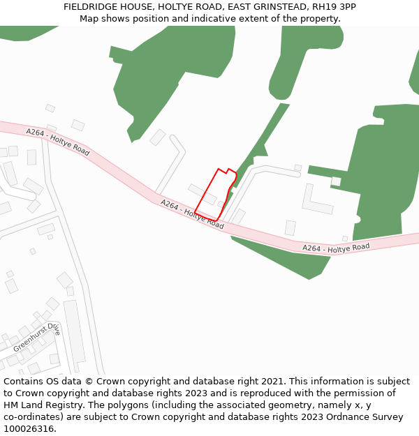 FIELDRIDGE HOUSE, HOLTYE ROAD, EAST GRINSTEAD, RH19 3PP: Location map and indicative extent of plot