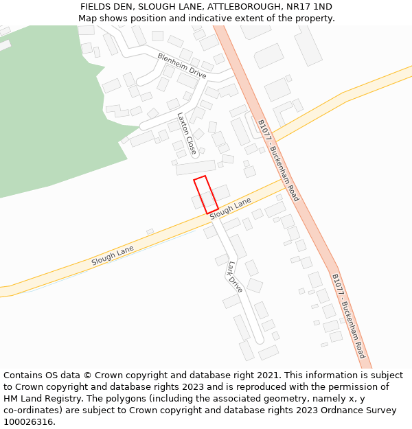 FIELDS DEN, SLOUGH LANE, ATTLEBOROUGH, NR17 1ND: Location map and indicative extent of plot