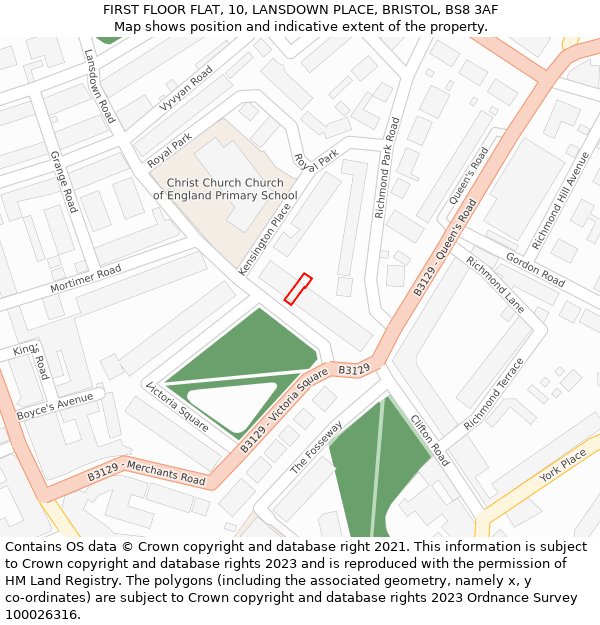 FIRST FLOOR FLAT, 10, LANSDOWN PLACE, BRISTOL, BS8 3AF: Location map and indicative extent of plot
