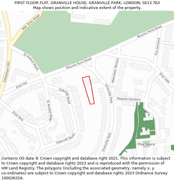 FIRST FLOOR FLAT, GRANVILLE HOUSE, GRANVILLE PARK, LONDON, SE13 7EA: Location map and indicative extent of plot