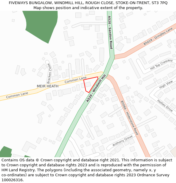 FIVEWAYS BUNGALOW, WINDMILL HILL, ROUGH CLOSE, STOKE-ON-TRENT, ST3 7PQ: Location map and indicative extent of plot