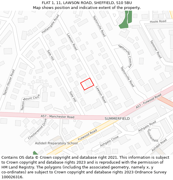 FLAT 1, 11, LAWSON ROAD, SHEFFIELD, S10 5BU: Location map and indicative extent of plot