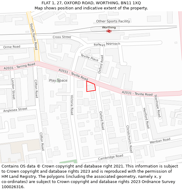 FLAT 1, 27, OXFORD ROAD, WORTHING, BN11 1XQ: Location map and indicative extent of plot