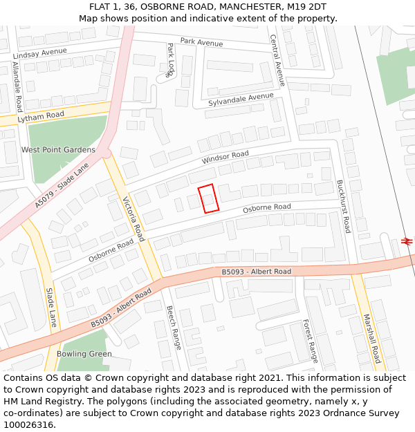 FLAT 1, 36, OSBORNE ROAD, MANCHESTER, M19 2DT: Location map and indicative extent of plot