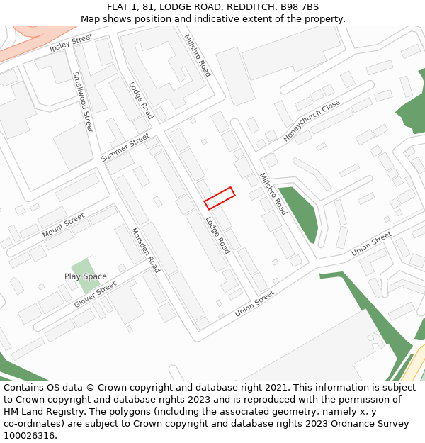 FLAT 1, 81, LODGE ROAD, REDDITCH, B98 7BS: Location map and indicative extent of plot