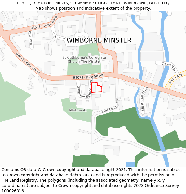 FLAT 1, BEAUFORT MEWS, GRAMMAR SCHOOL LANE, WIMBORNE, BH21 1PQ: Location map and indicative extent of plot