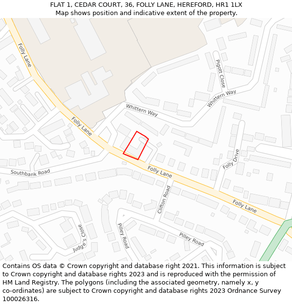 FLAT 1, CEDAR COURT, 36, FOLLY LANE, HEREFORD, HR1 1LX: Location map and indicative extent of plot