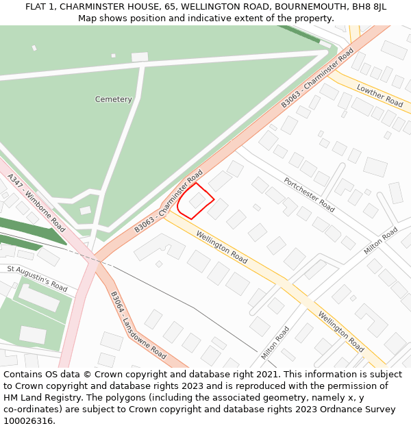 FLAT 1, CHARMINSTER HOUSE, 65, WELLINGTON ROAD, BOURNEMOUTH, BH8 8JL: Location map and indicative extent of plot