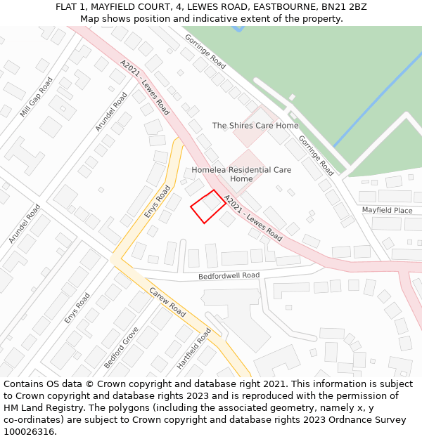FLAT 1, MAYFIELD COURT, 4, LEWES ROAD, EASTBOURNE, BN21 2BZ: Location map and indicative extent of plot