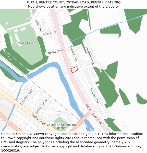 FLAT 1, PENTRE COURT, YSTRAD ROAD, PENTRE, CF41 7PQ: Location map and indicative extent of plot