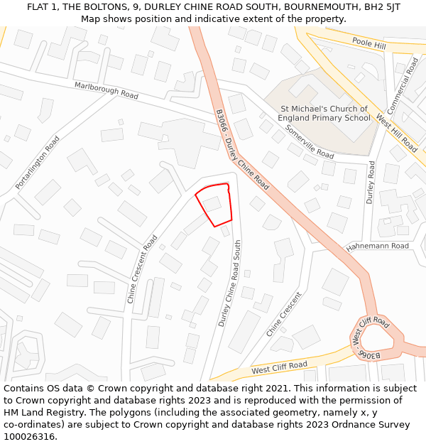 FLAT 1, THE BOLTONS, 9, DURLEY CHINE ROAD SOUTH, BOURNEMOUTH, BH2 5JT: Location map and indicative extent of plot