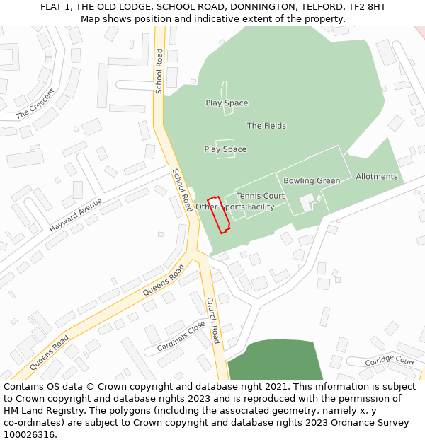 FLAT 1, THE OLD LODGE, SCHOOL ROAD, DONNINGTON, TELFORD, TF2 8HT: Location map and indicative extent of plot