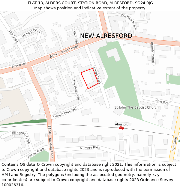 FLAT 13, ALDERS COURT, STATION ROAD, ALRESFORD, SO24 9JG: Location map and indicative extent of plot
