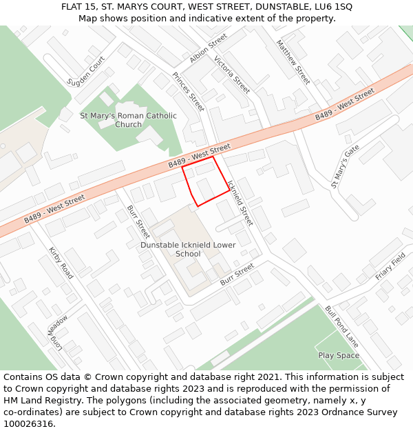 FLAT 15, ST. MARYS COURT, WEST STREET, DUNSTABLE, LU6 1SQ: Location map and indicative extent of plot