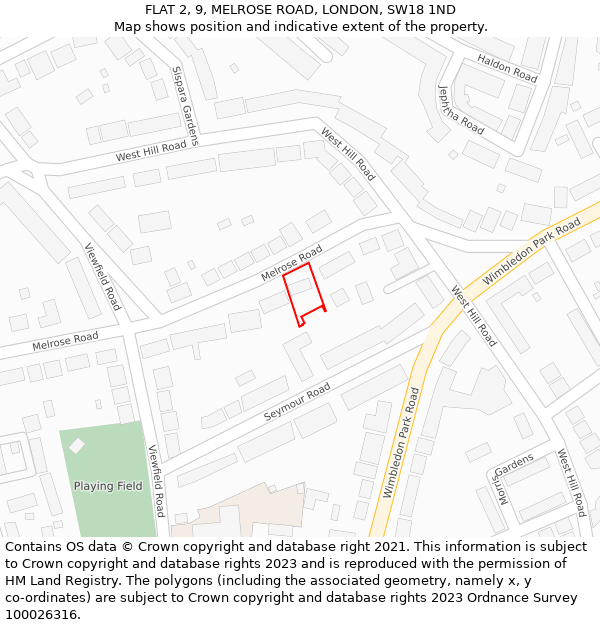 FLAT 2, 9, MELROSE ROAD, LONDON, SW18 1ND: Location map and indicative extent of plot