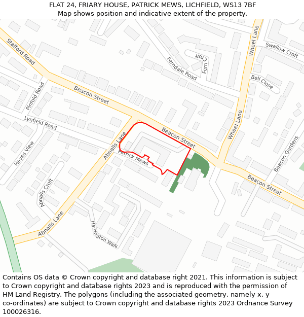FLAT 24, FRIARY HOUSE, PATRICK MEWS, LICHFIELD, WS13 7BF: Location map and indicative extent of plot